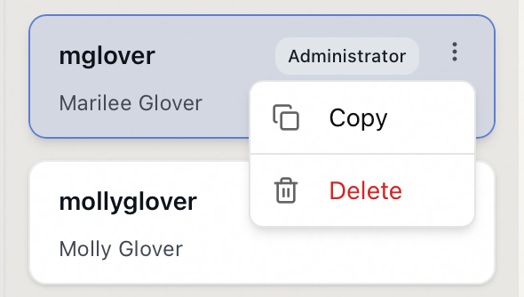 A staff card's action menu open, showing the Copy and Delete items