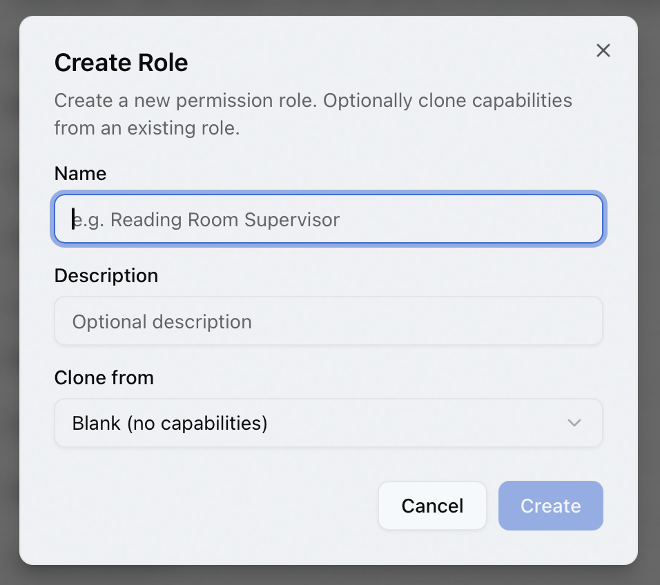 The Create Role dialog with Name and Description fields and the Clone from dropdown set to Blank (no capabilities)