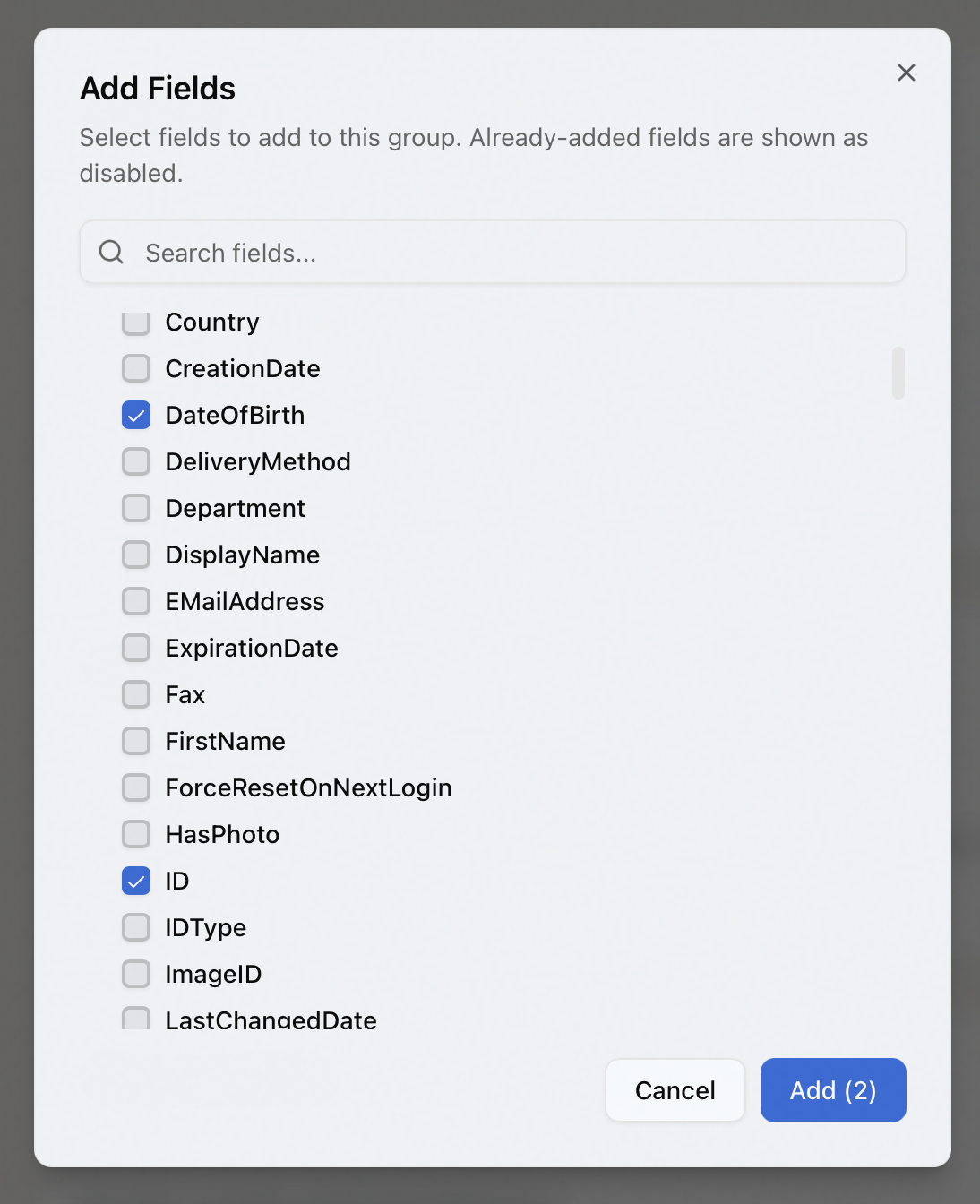 The Add Fields picker with the Users table's ID and Date of Birth fields checked and the Add button showing a count of two