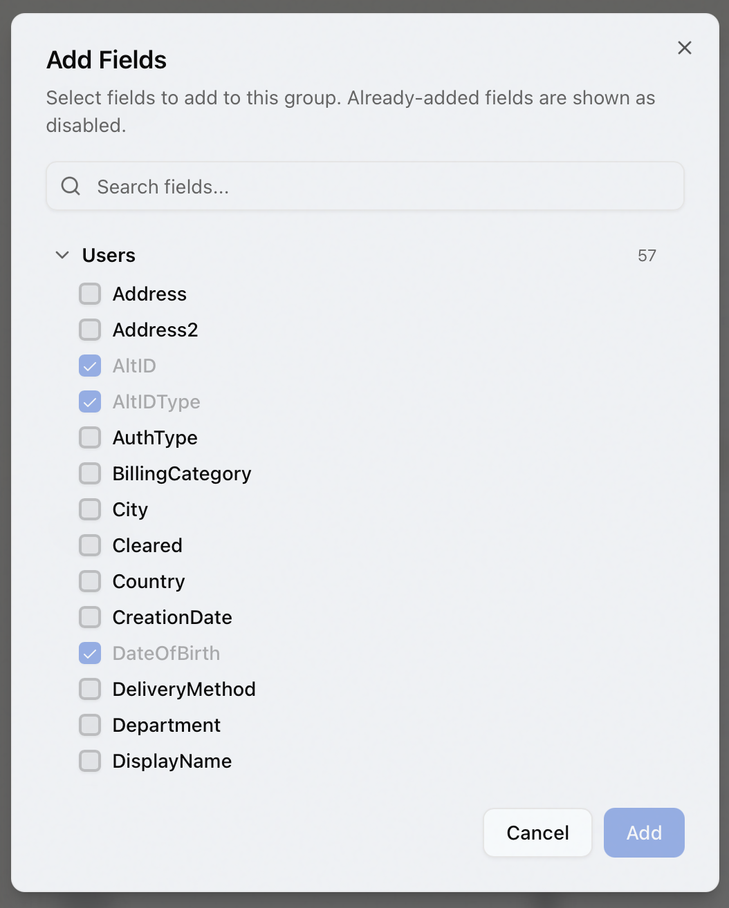 The Add Fields picker with a database table expanded, a search box, and already-added fields shown checked and disabled