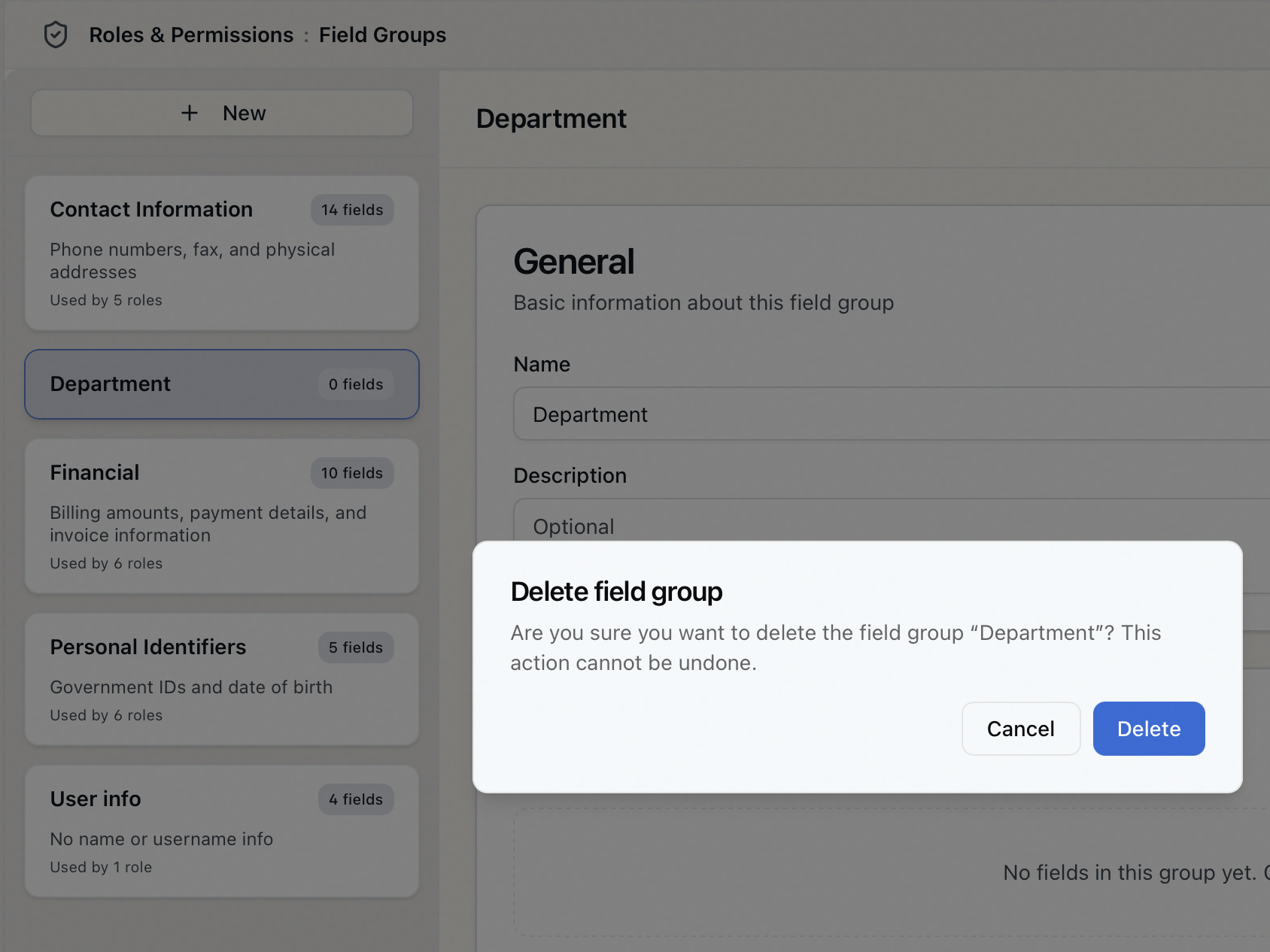 The Delete field group confirmation dialog asking to confirm deletion