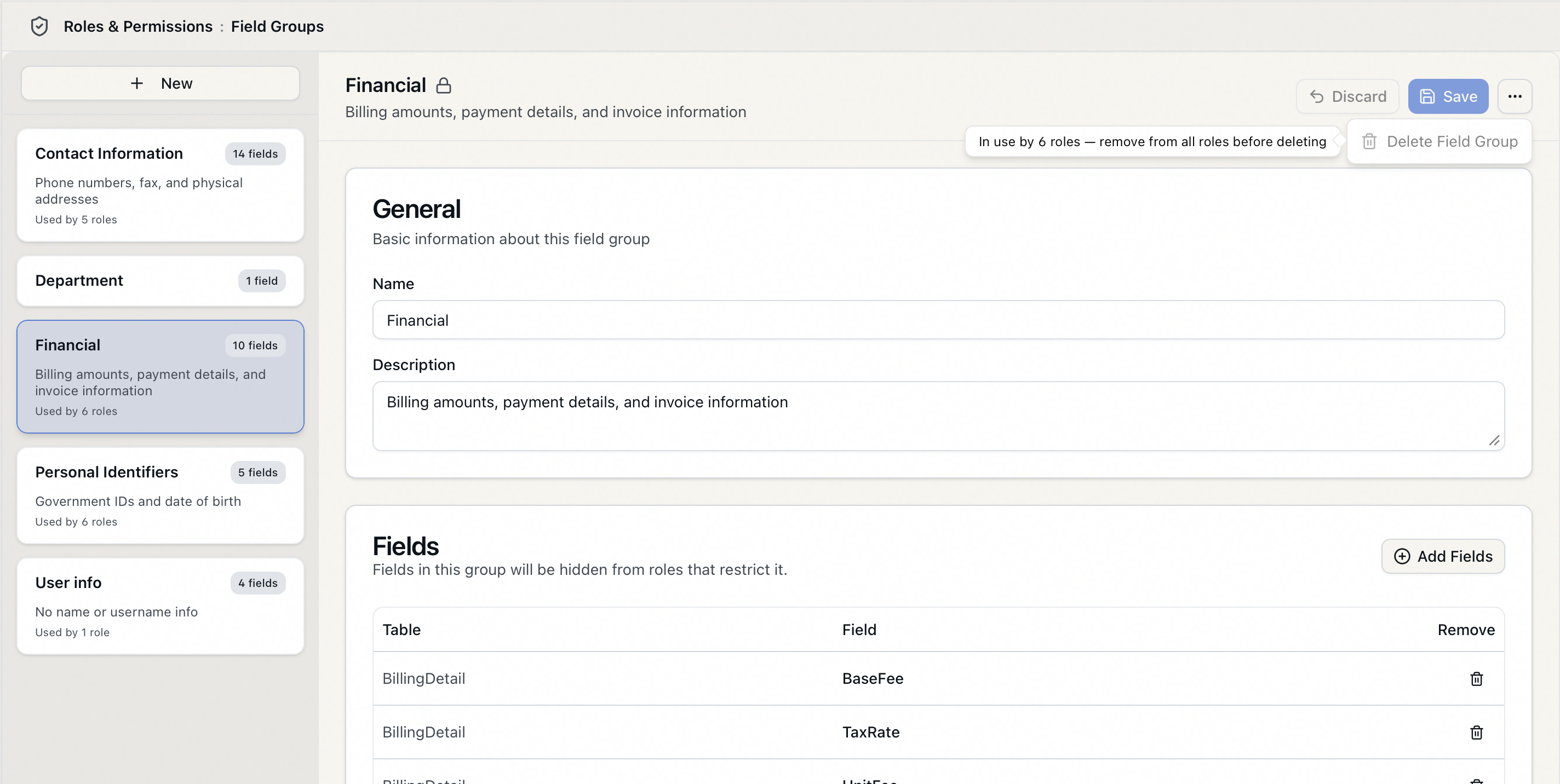 A field group editor's overflow menu with Delete Field Group disabled and a tooltip explaining the group is in use by roles