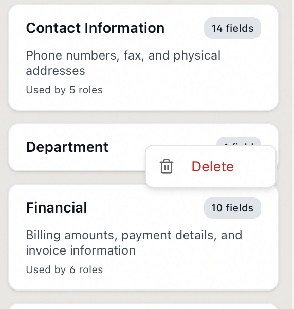 A custom field group card's right-click menu showing the clickable Delete item