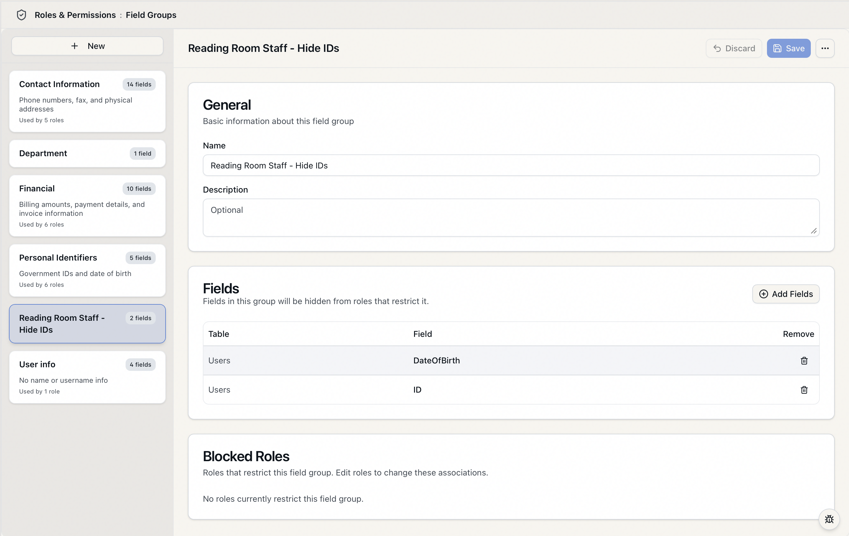 The Field Groups screen, a two-pane layout with the list of field groups on the left and a field group open in the editor on the right