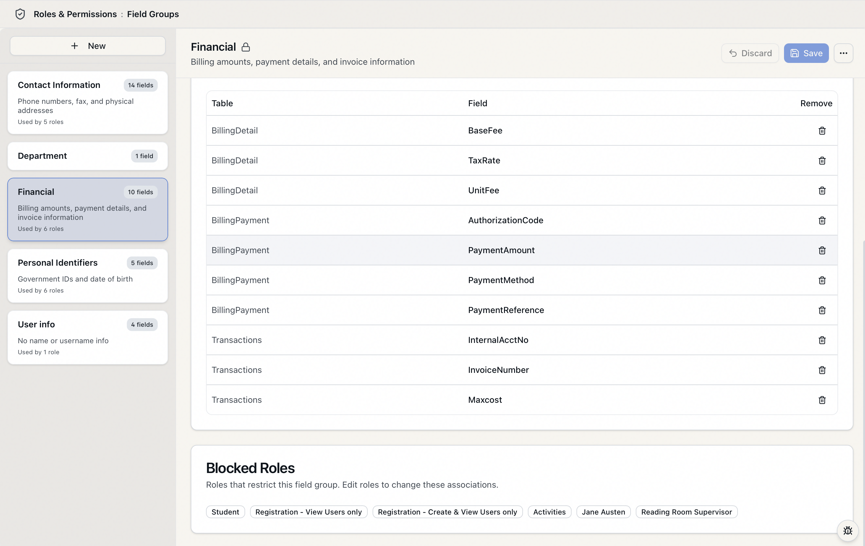 A field group editor showing its Fields list and the read-only Blocked Roles card listing the roles that restrict the group