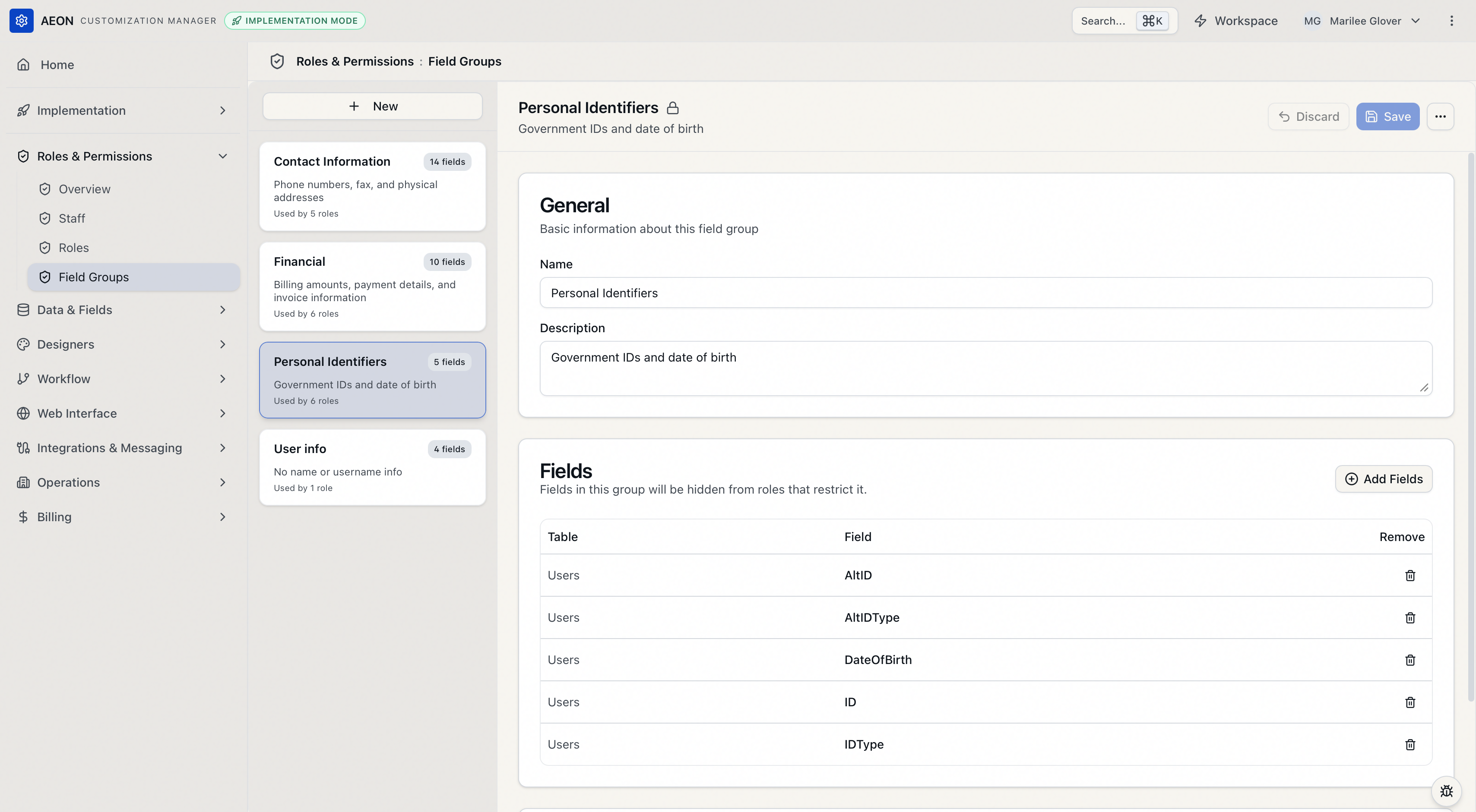 The Field Groups screen, a two-pane layout with the list of field groups on the left and a system-default group open in the editor on the right