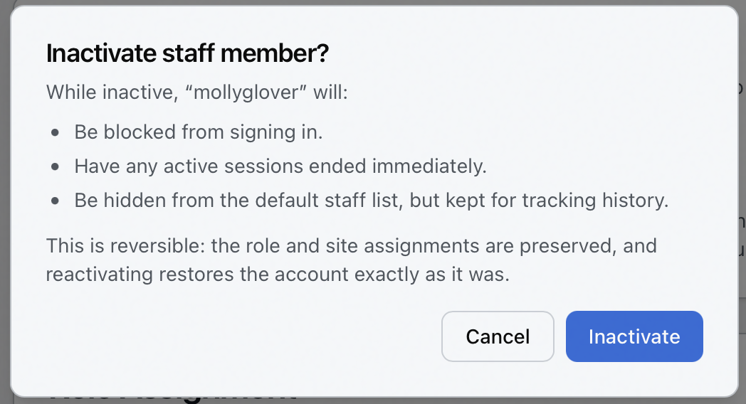The Inactivate staff member? dialog listing what happens while the account is inactive, with Cancel and Inactivate buttons