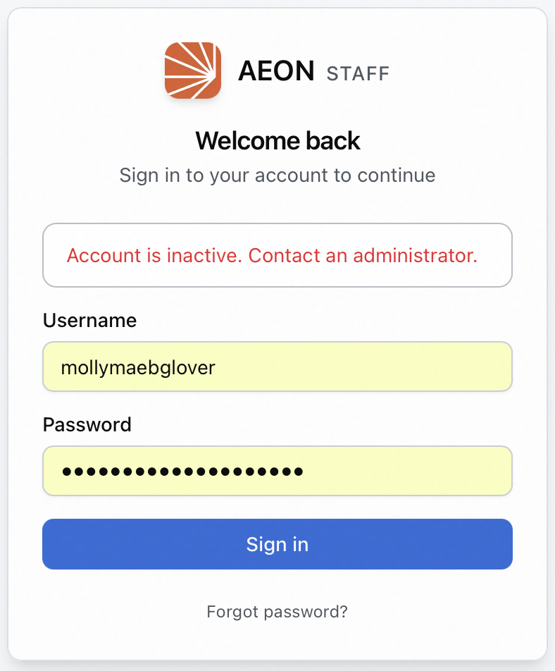 The Aeon staff sign-in screen showing the message Account is inactive. Contact an administrator.