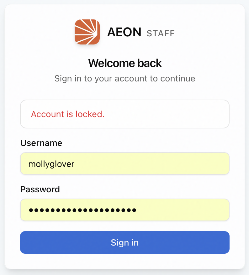 Aeon staff login screen showing the Account is locked message