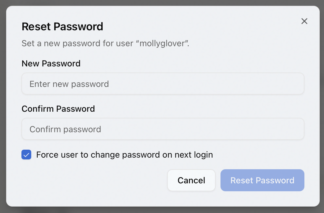 The Reset Password dialog with New Password and Confirm Password fields and a Force user to change password on next login checkbox