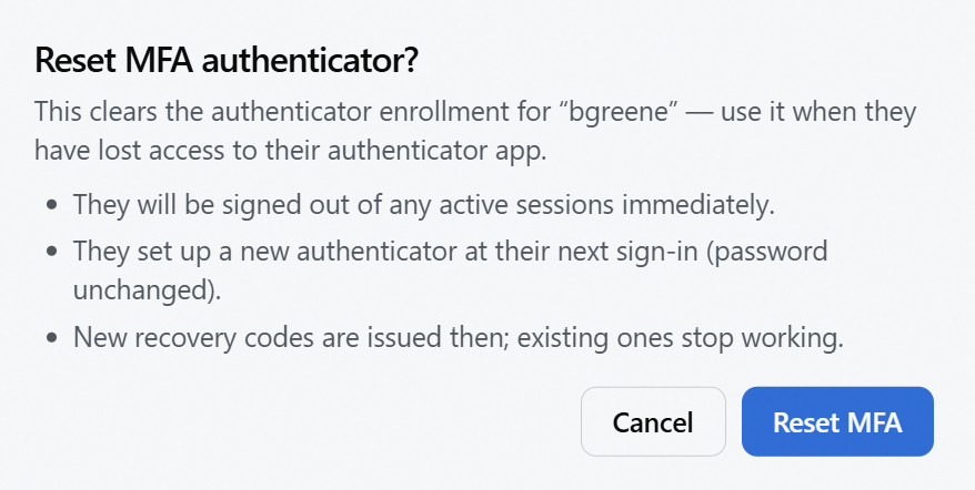 Reset MFA authenticator confirmation dialog for another staff member, listing the three consequences: signed out immediately, new authenticator at next sign-in with password unchanged, and new recovery codes issued