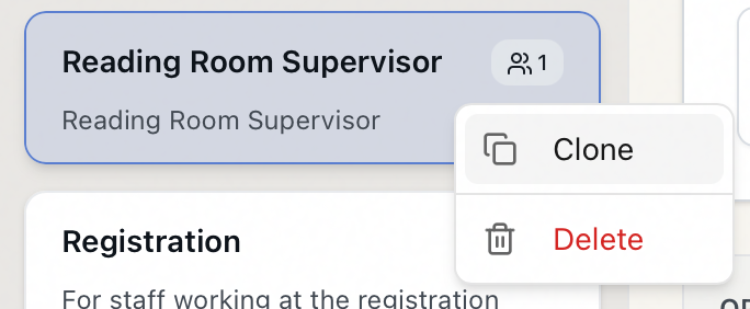 Right-clicking a role in the role list opens a menu with Clone and Delete options