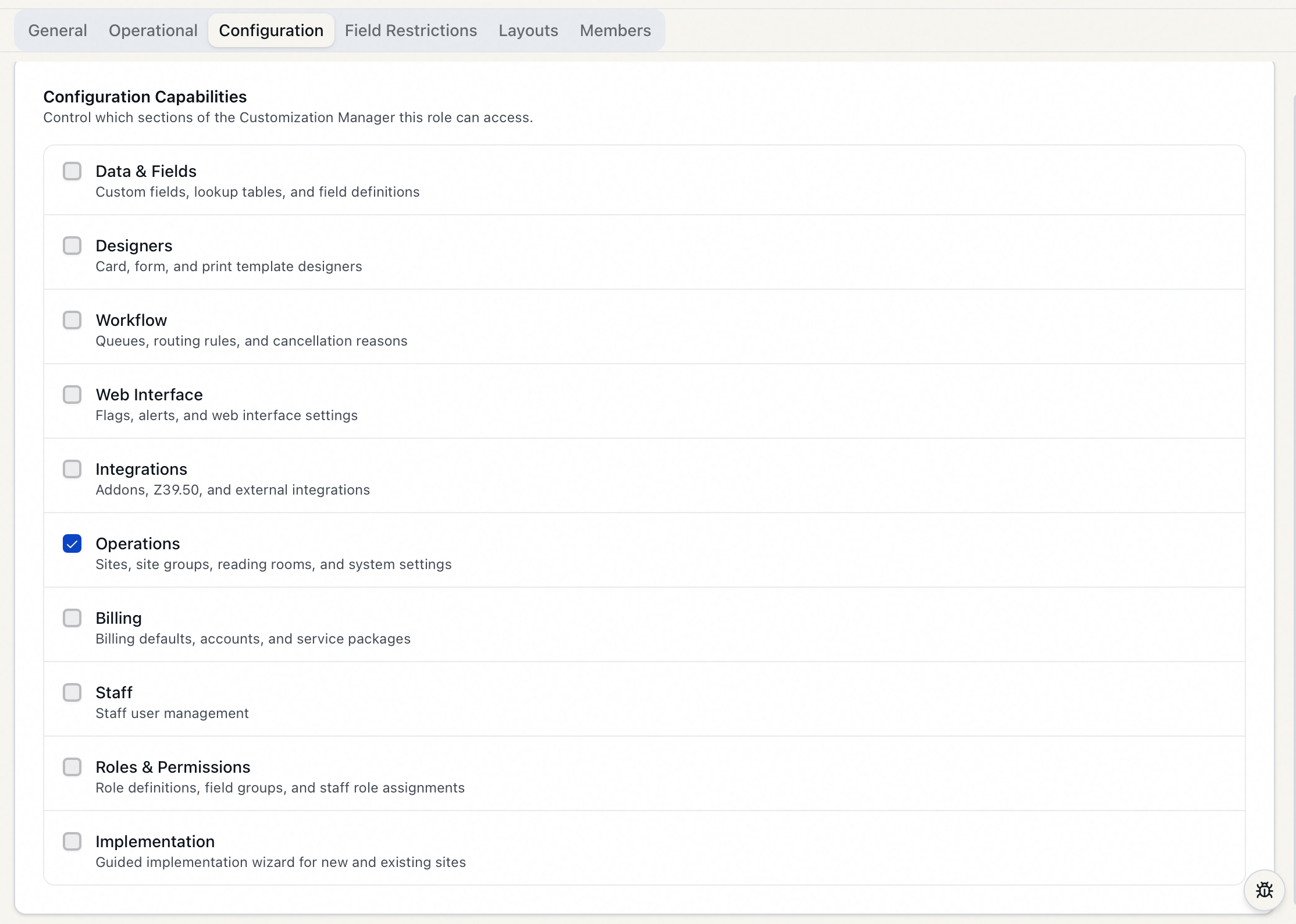 The Configuration tab of the role editor, showing the ten configuration-capability checkboxes with their descriptions