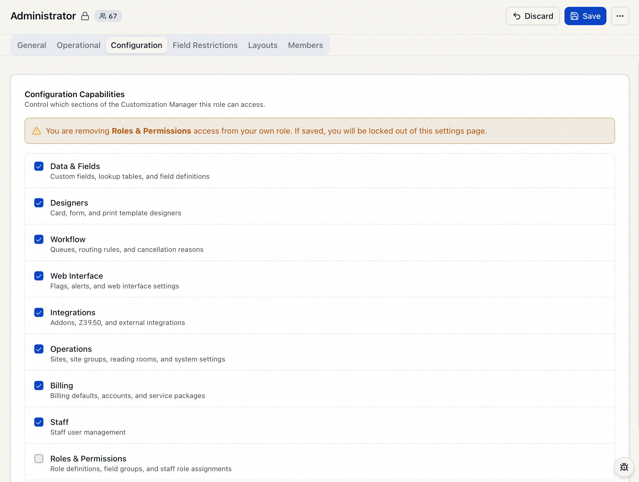The Configuration tab showing the amber self-lockout warning that appears when you uncheck Roles and Permissions on your own role
