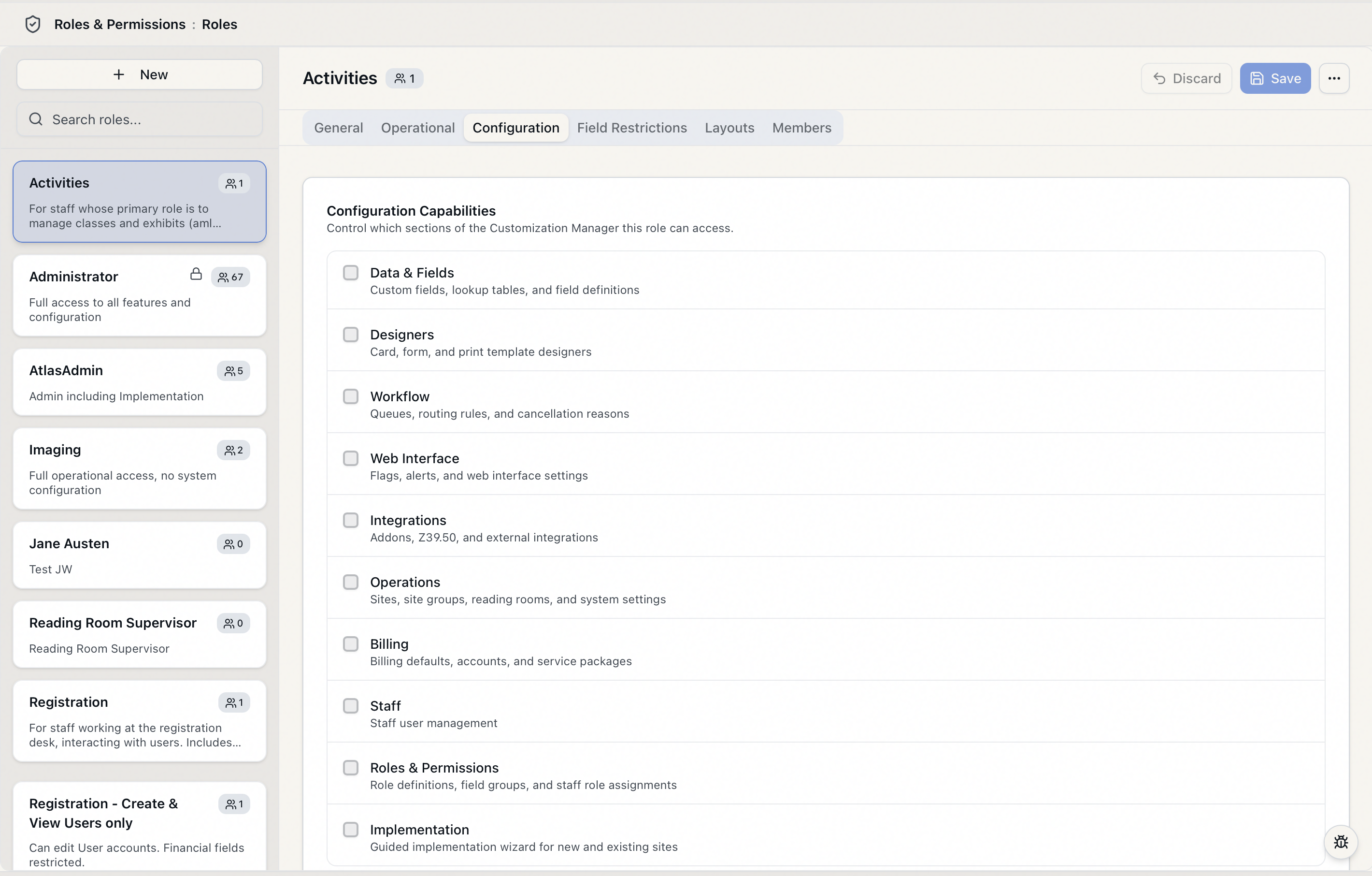 The role editor's Configuration tab showing the ten configuration-capability checkboxes with their descriptions