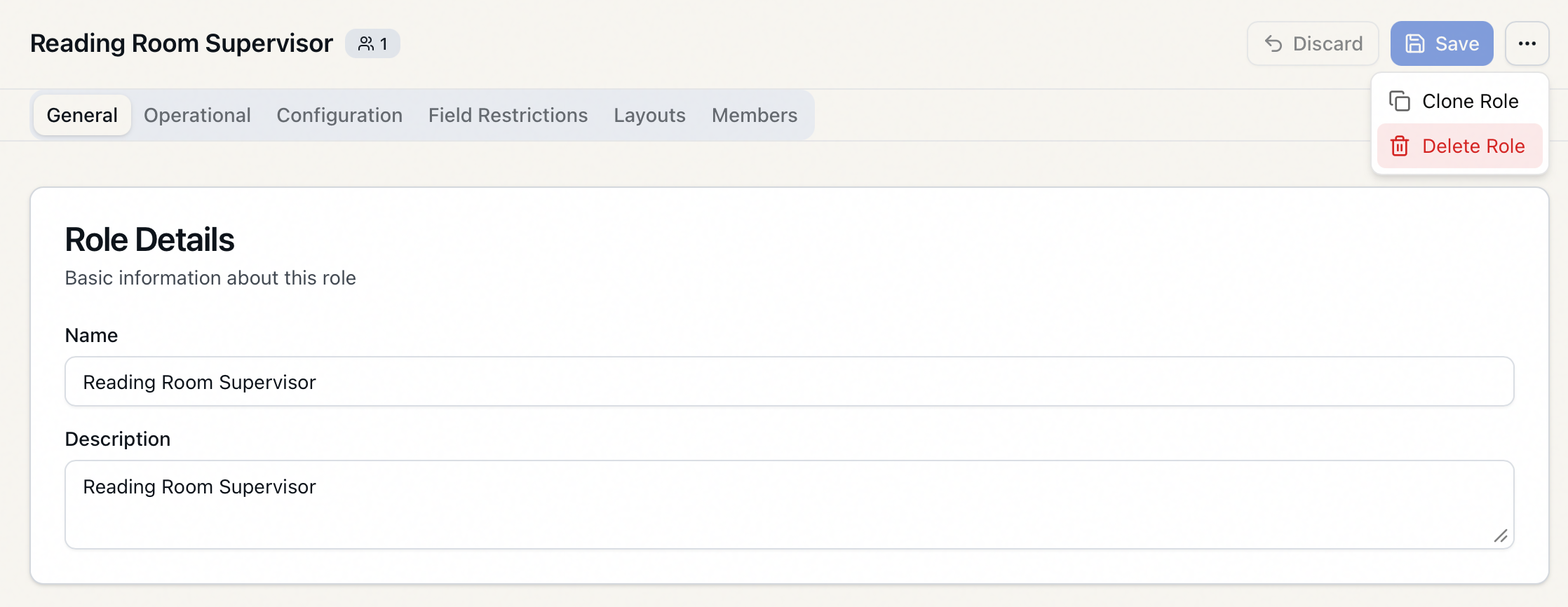The role editor's more-actions menu open, showing Clone Role and the destructive Delete Role option