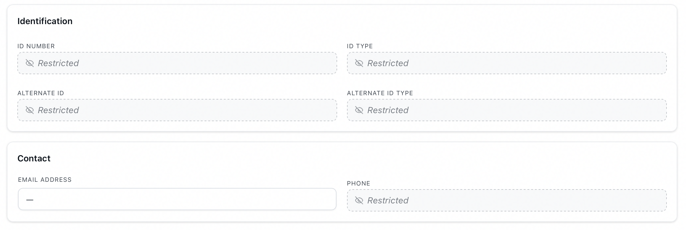 A user record where restricted fields such as ID Number, ID Type, and Phone show a Restricted indicator in place of their values