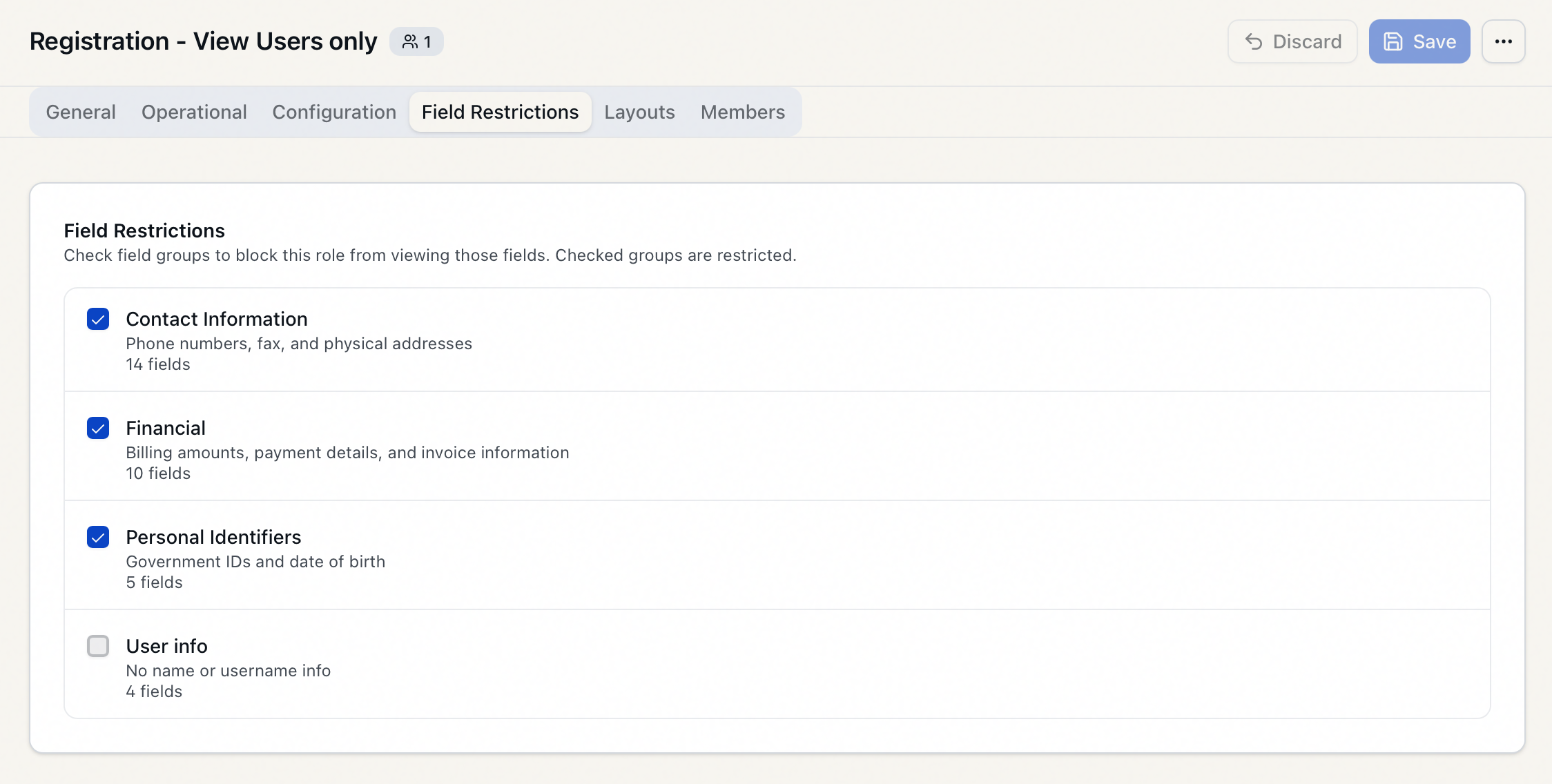 The Field Restrictions tab of the role editor, with several field groups checked to restrict them from the role