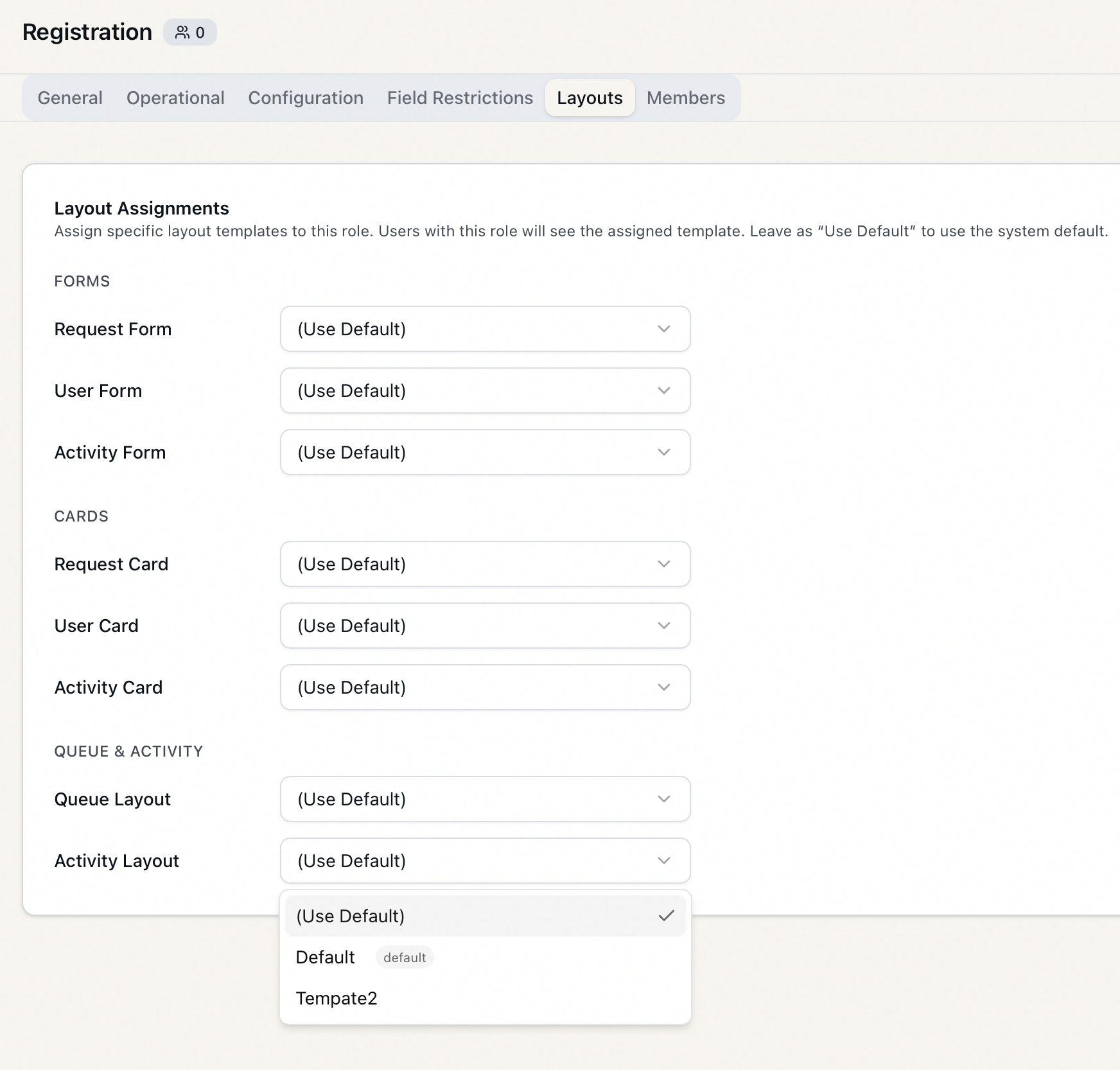 The Layouts tab of the role editor with Forms, Cards, and Queue and Activity layout dropdowns, one open showing the Use Default option and a template marked default