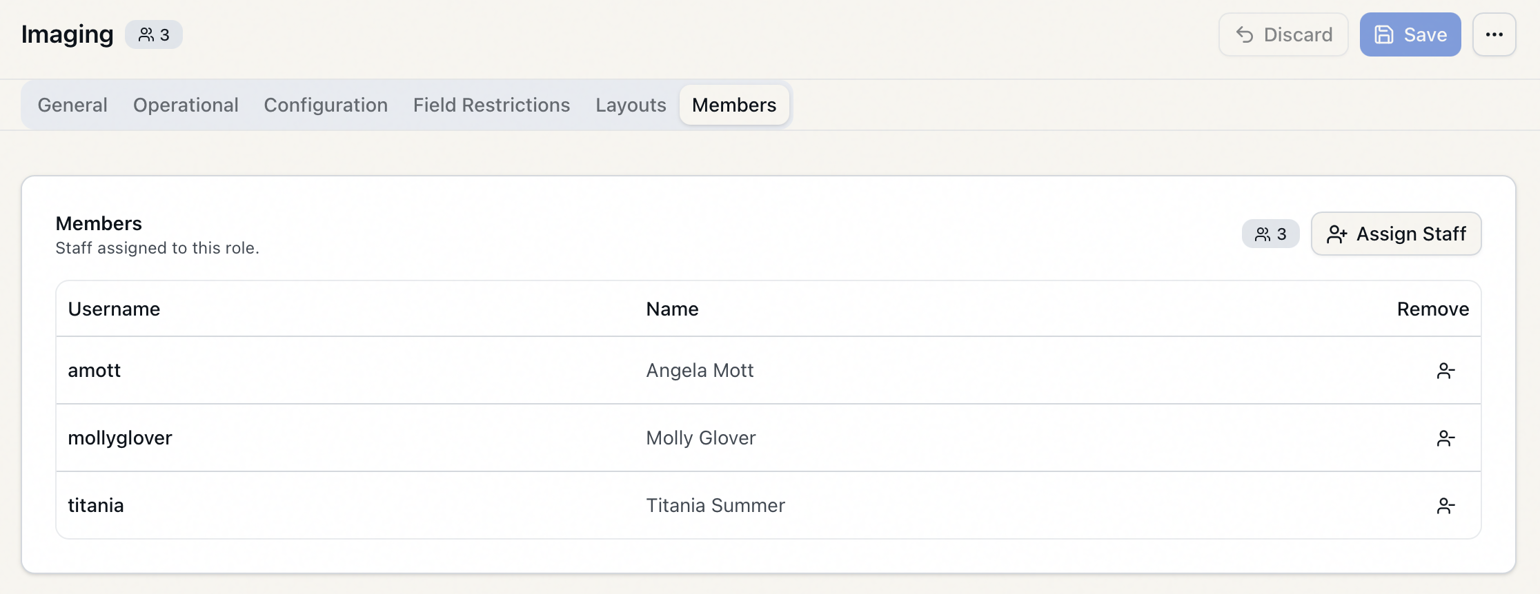 The Members tab of the role editor, showing the assigned-staff count badge, the Assign Staff button, and the Username / Name / Remove table