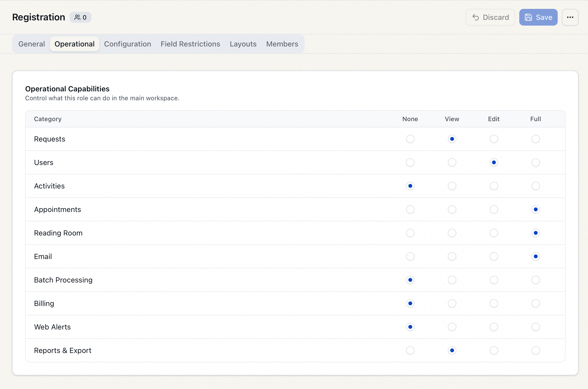 The Operational tab of the role editor — the ten operational categories, each set to None, View, Edit, or Full via a radio grid
