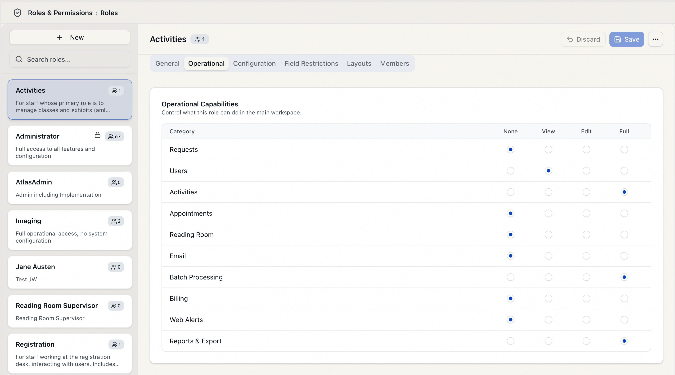 The role editor's Operational tab showing the None, View, Edit, and Full grid for the ten operational categories