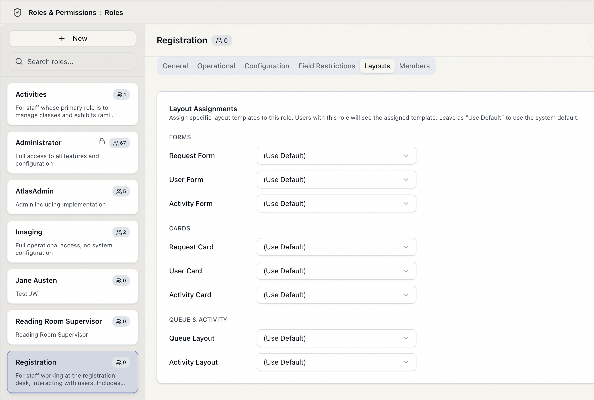 The Roles page under Roles and Permissions, showing the New button above the list of existing roles