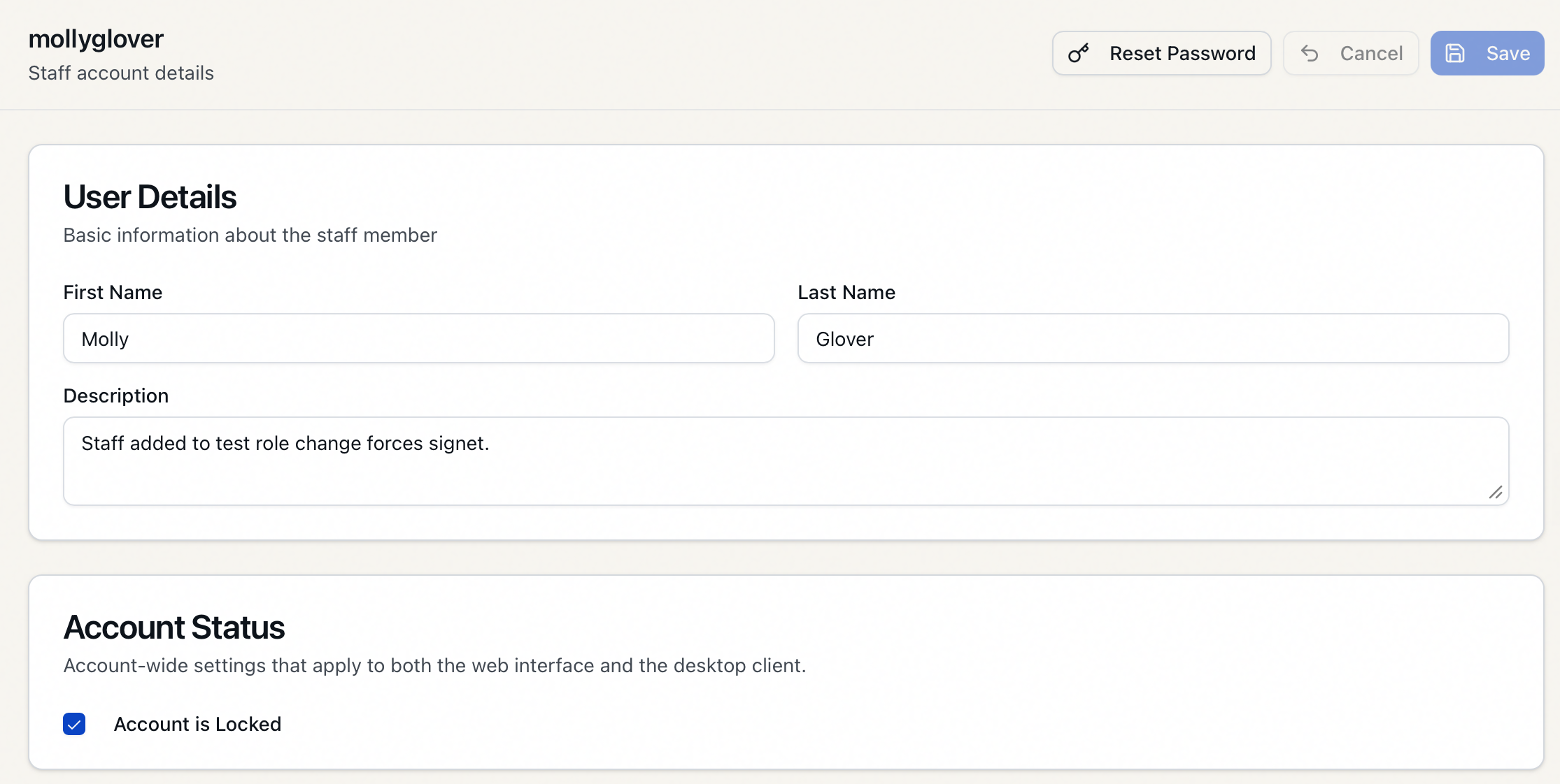 Staff detail pane showing the Account Status card with the Account is Locked checkbox selected