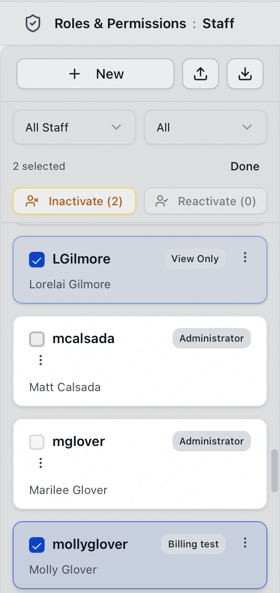 Select mode on the Staff tab with two staff checked and the Inactivate (2) button active beside a grayed-out Reactivate (0)