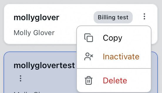 The staff card's ⋮ menu open, showing Copy, Inactivate, and Delete