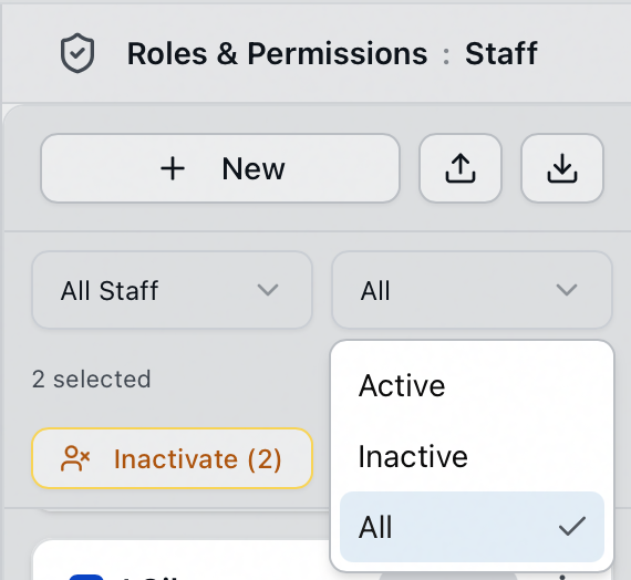 The Status filter open on the Staff tab, showing Active, Inactive, and All