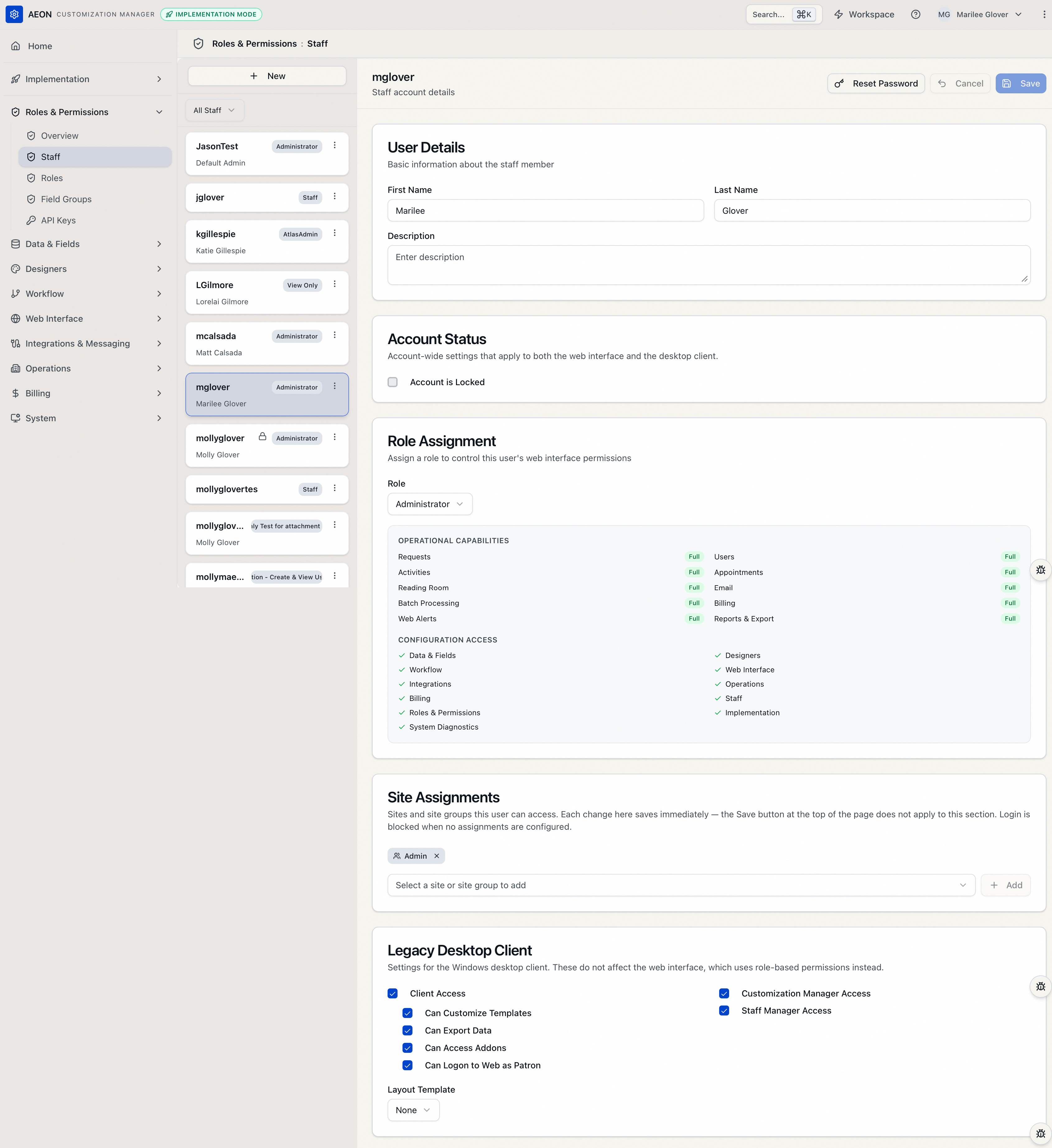 The Staff tab split view — the staff list on the left with role badges, and the selected account's detail pane on the right