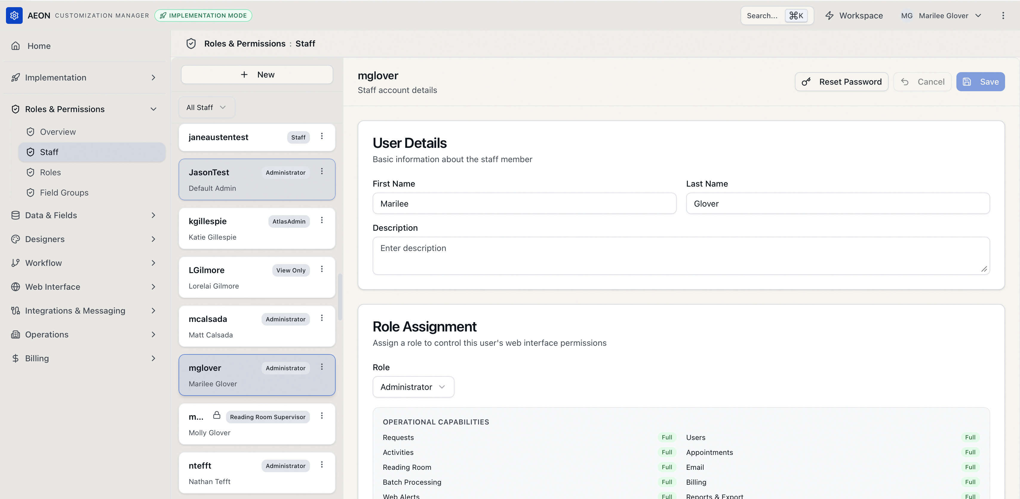 The Staff tab under Roles and Permissions, a split view with the New button above the staff list on the left and the selected account's details on the right