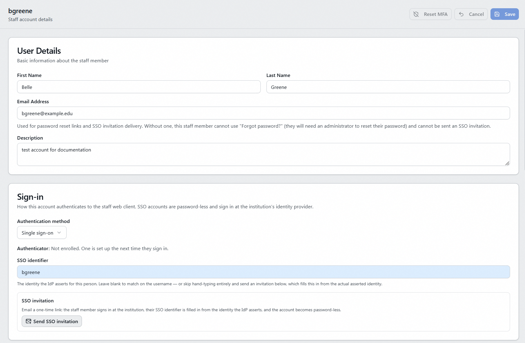 The same staff account switched to Single sign-on, showing the SSO identifier field and the Send SSO invitation button, with no Reset Password button in the header