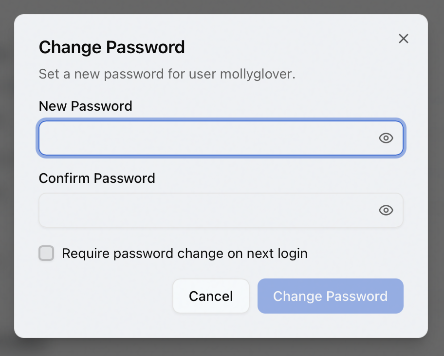 The Change Password dialog with New Password, Confirm Password, and a Require password change on next login checkbox