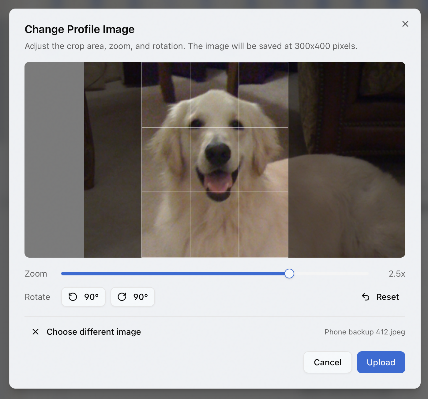 The Change Profile Image dialog in crop view with the zoom slider and rotate buttons