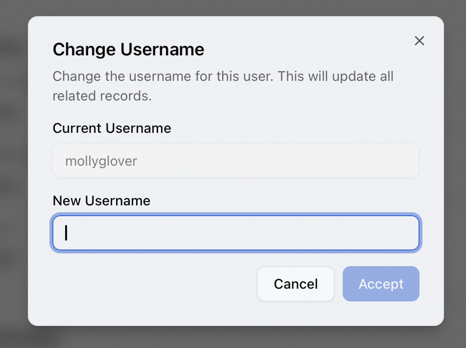 The Change Username dialog showing the read-only Current Username and a New Username field