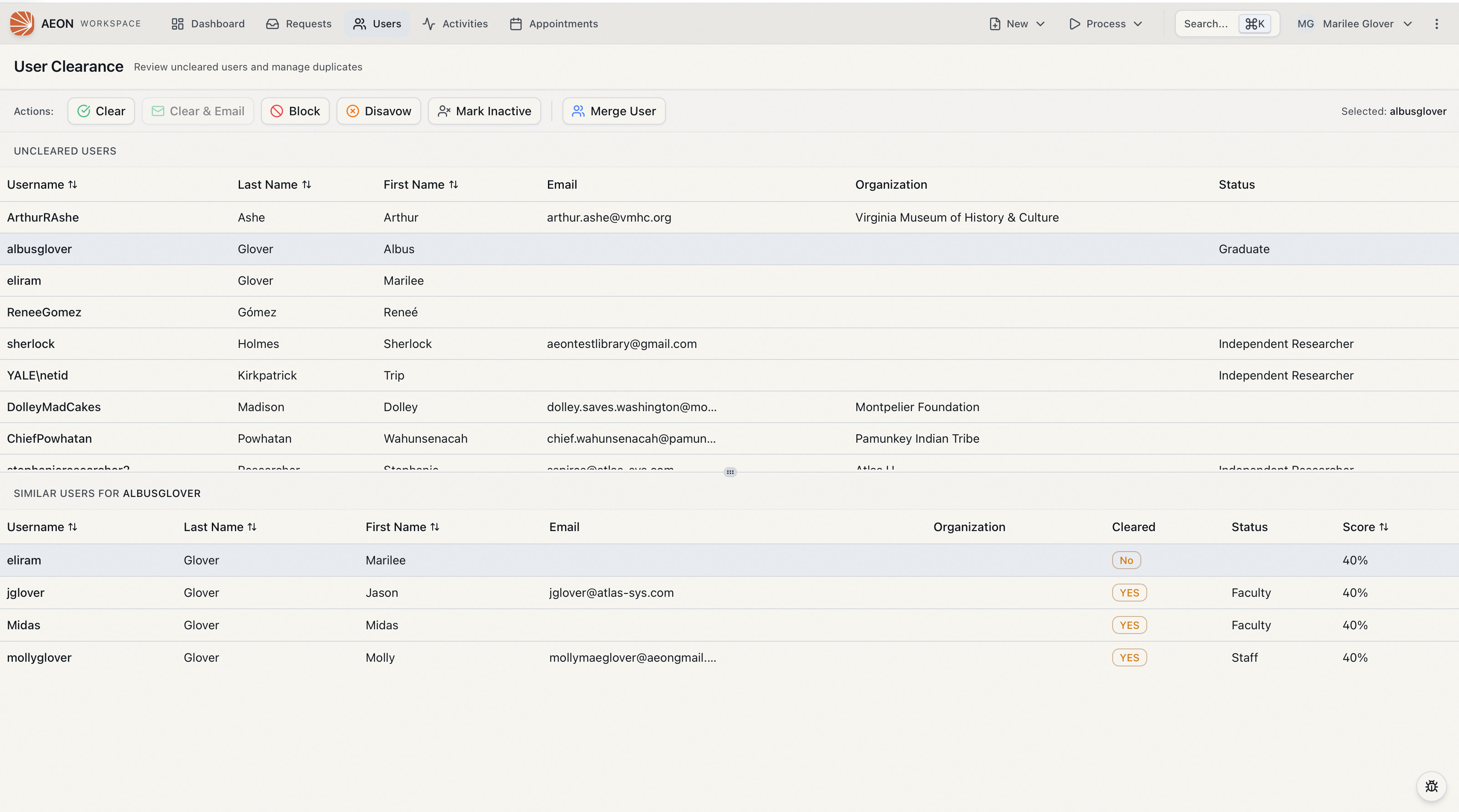 The User Clearance page showing the Uncleared Users grid, the Similar Users grid, and the Actions toolbar