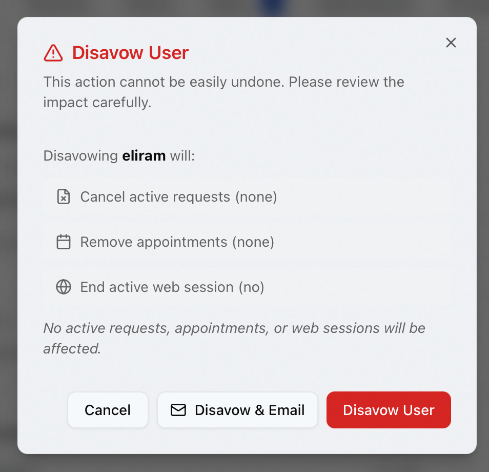 The Disavow User confirmation dialog listing the impact of disavowing the account