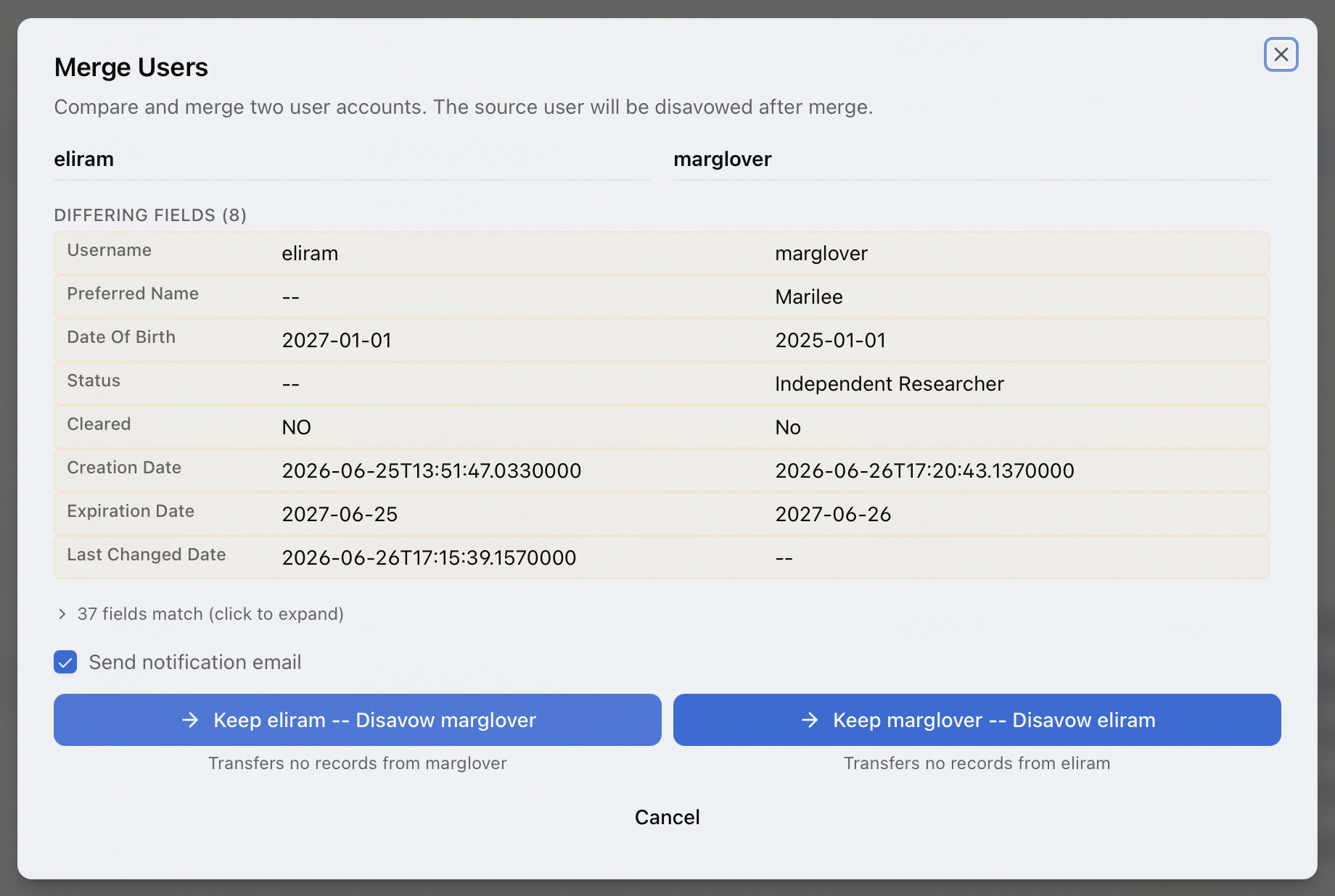 The Merge Users comparison dialog showing differing fields and the two keep and disavow buttons with their impact lines