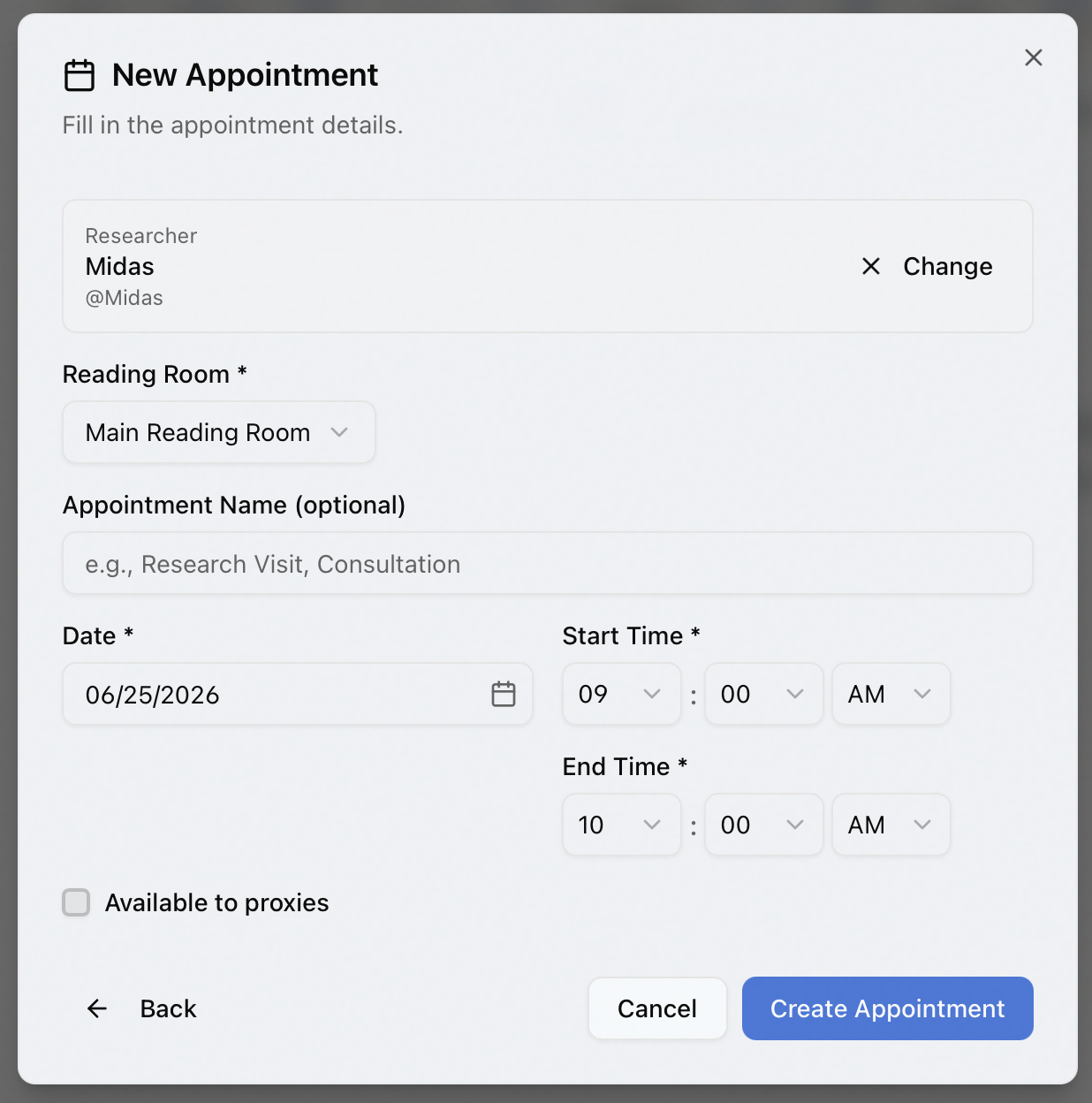 The New Appointment dialog opened from a user record with the researcher pre-filled and Reading Room, Date, and time fields