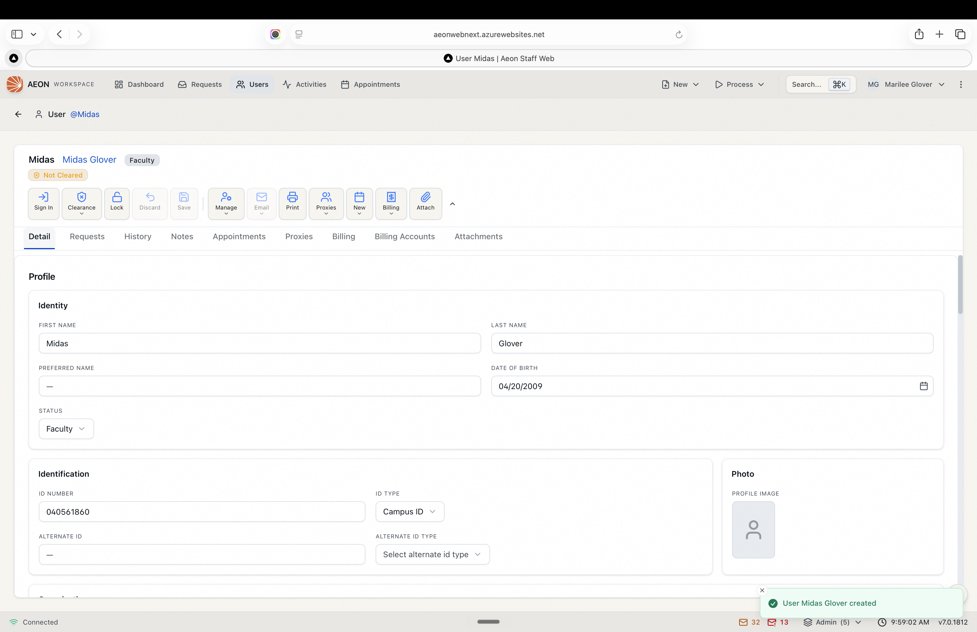 A newly created user record open after creation, with a User created confirmation toast