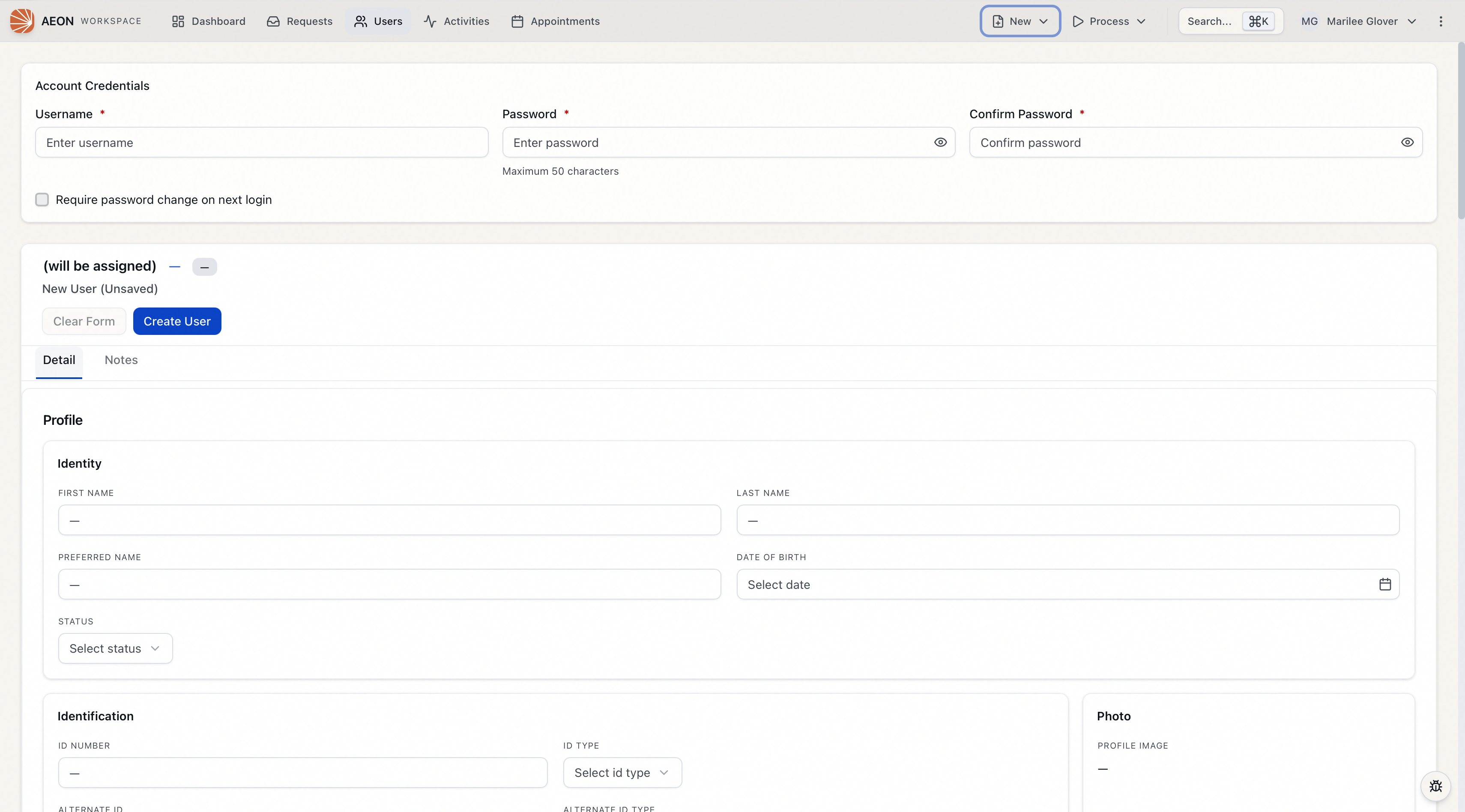 The New User form with the Account Credentials panel above the user profile, and the Clear Form and Create User toolbar buttons