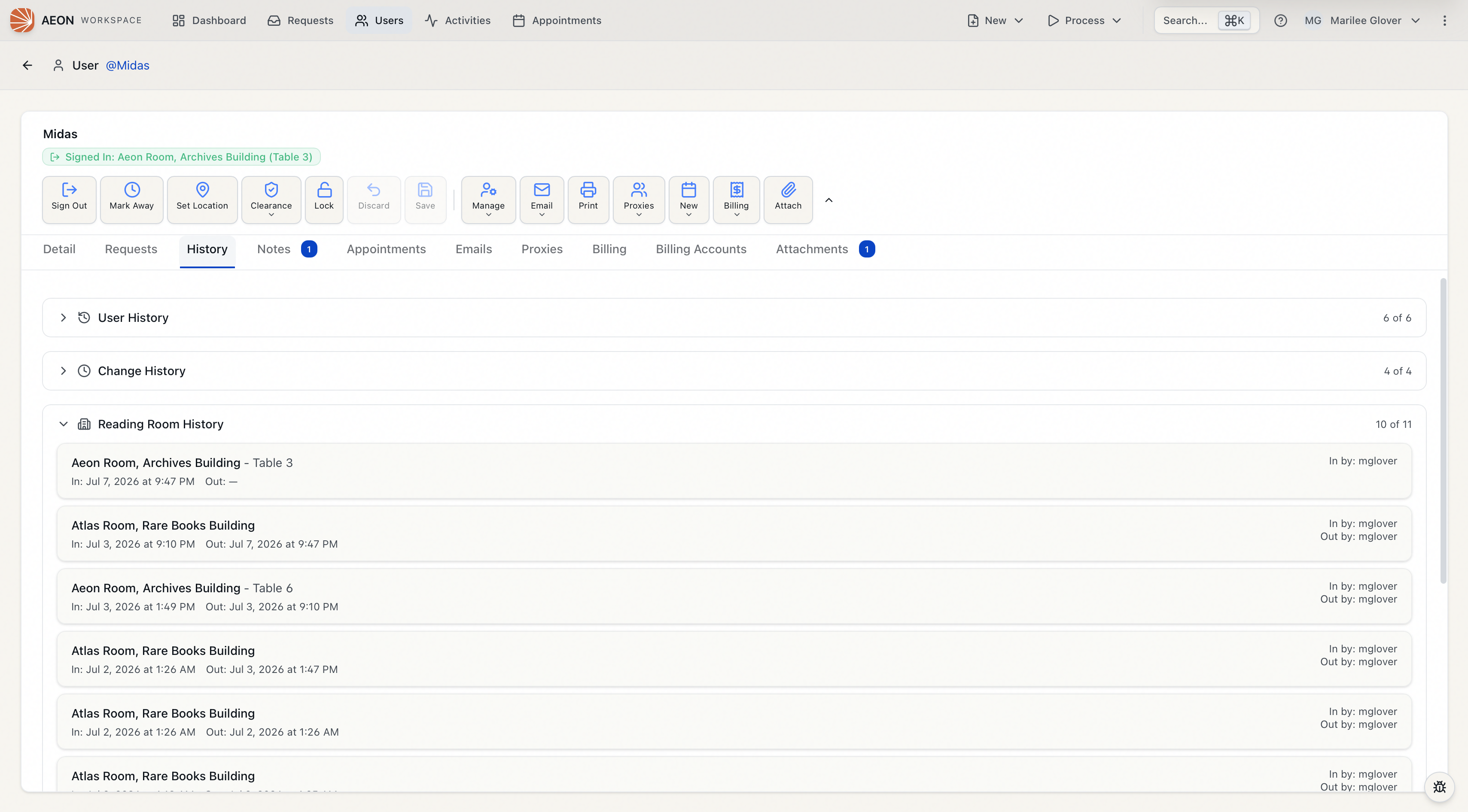 Aeon 7 user History tab with the Reading Room History section expanded, showing sign-in visits with reading room and seat, In and Out times, and In by and Out by staff names