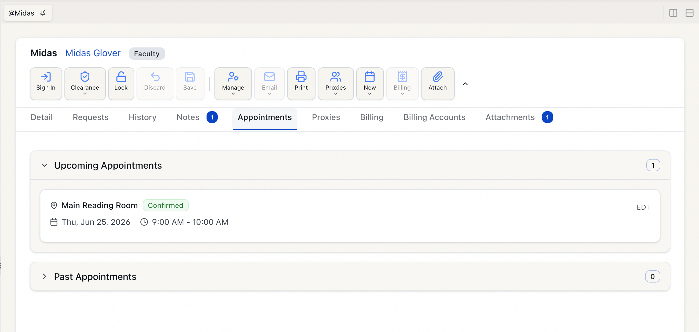 The Appointments tab on a user record showing the Upcoming Appointments and Past Appointments sections with an appointment card