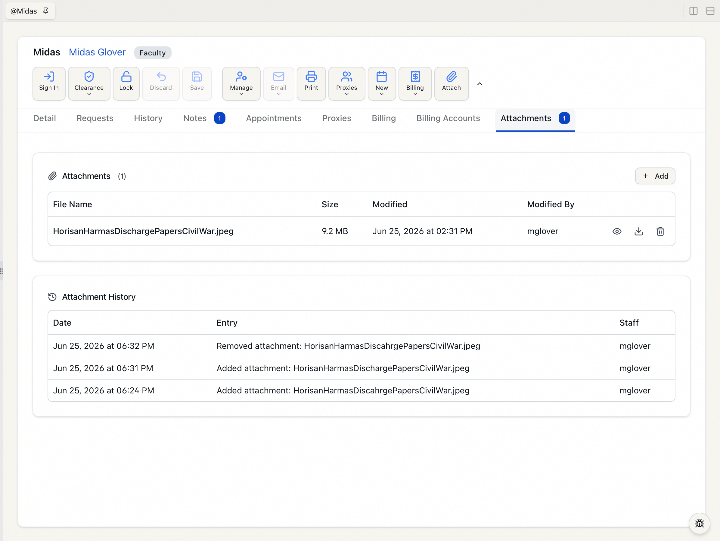 The Attachments tab of a user record showing the attachments list with File Name, Size, Modified, and Modified By columns, and the Attachment History section below