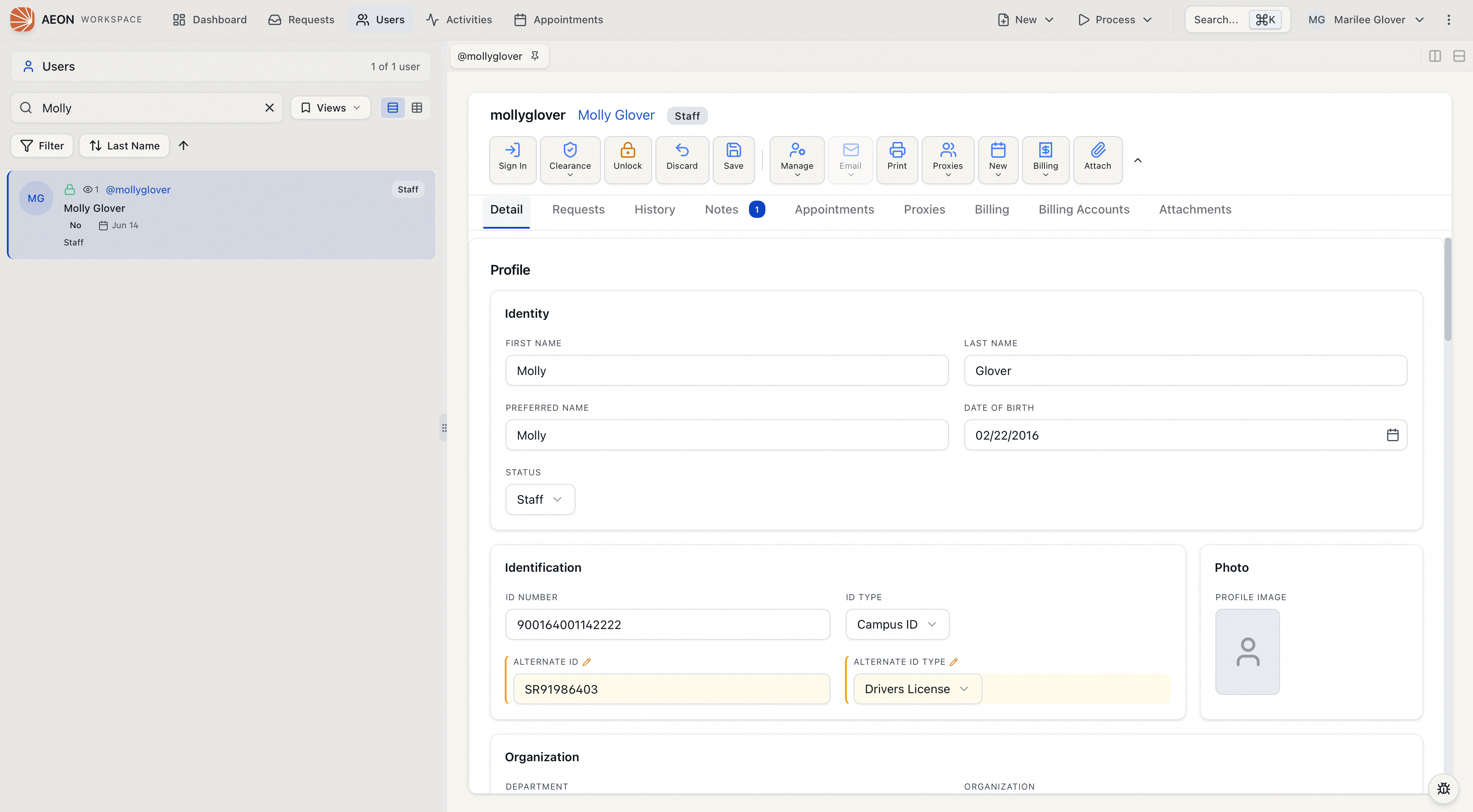 A user record Detail tab with edited fields highlighted as unsaved and the Save and Discard buttons active in the toolbar