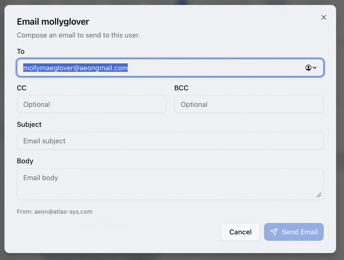 The compose email dialog for a user with To, CC, BCC, Subject, and Body fields and a read-only From line