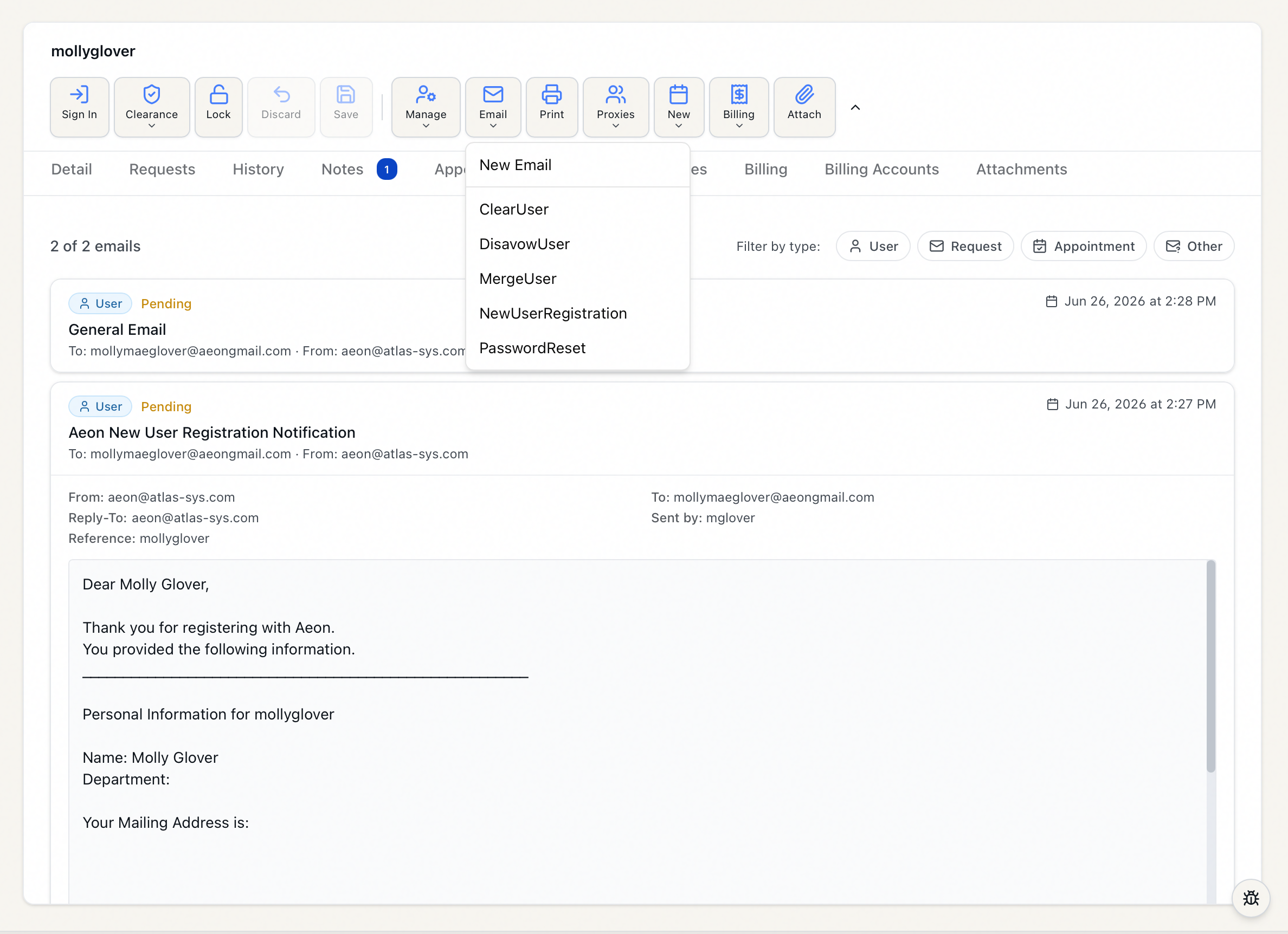 The toolbar Email menu open on a user record, showing New Email and the list of User email templates