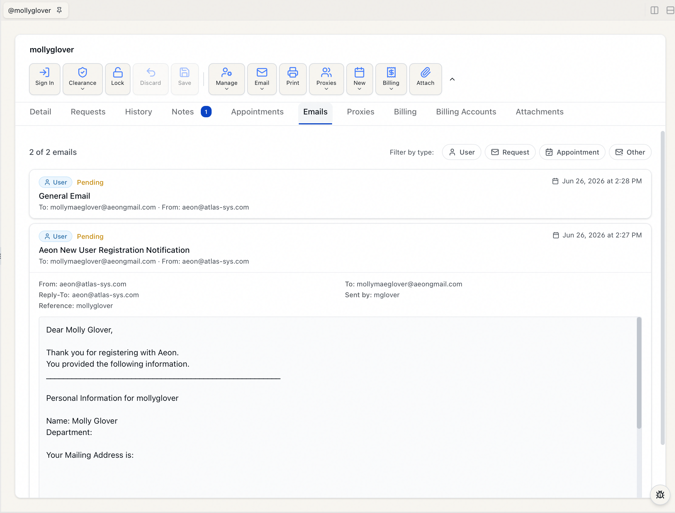 The Emails tab on a user record showing the type-filter pills, email cards with status badges, and one card expanded to its full headers and body